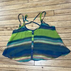 SOPRANO Green Blue Sheer Criss Cross Strap Camisole Colorful Stripe Button S Y2k